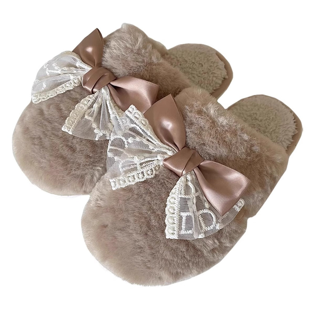 Sheer Lace Bow Plush Slippers