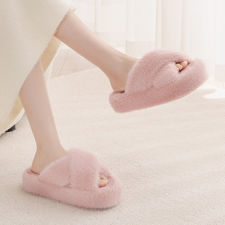 Fuzzy Platform Strap Slippers