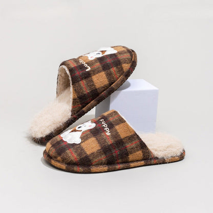 Plaid Puppy Embroidered Warm Slippers