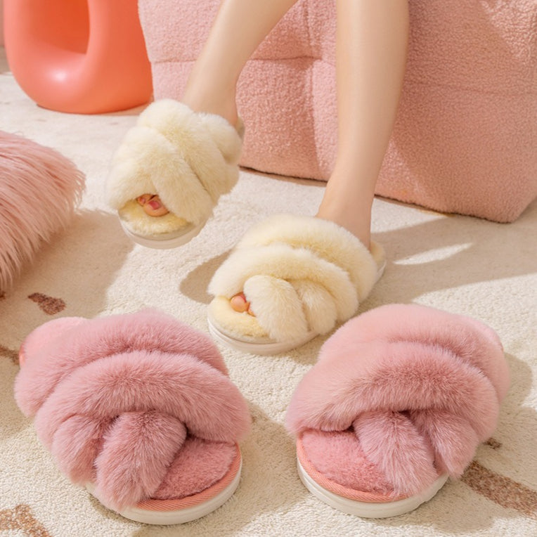 Plush Crisscross Open-Toe Slippers