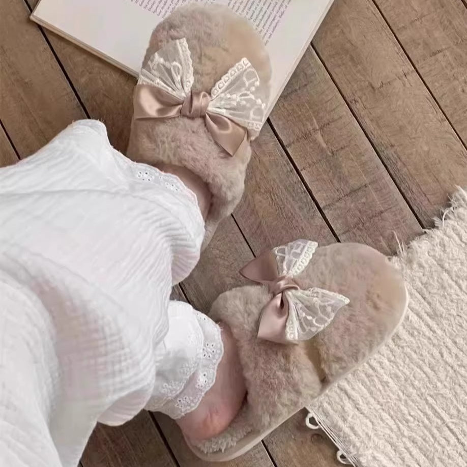 Sheer Lace Bow Plush Slippers