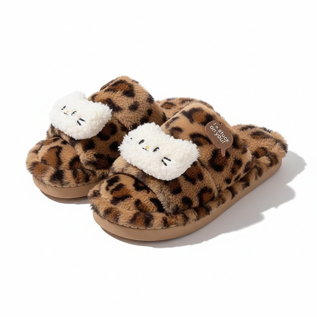 Retro Leopard Cat Plush Slippers