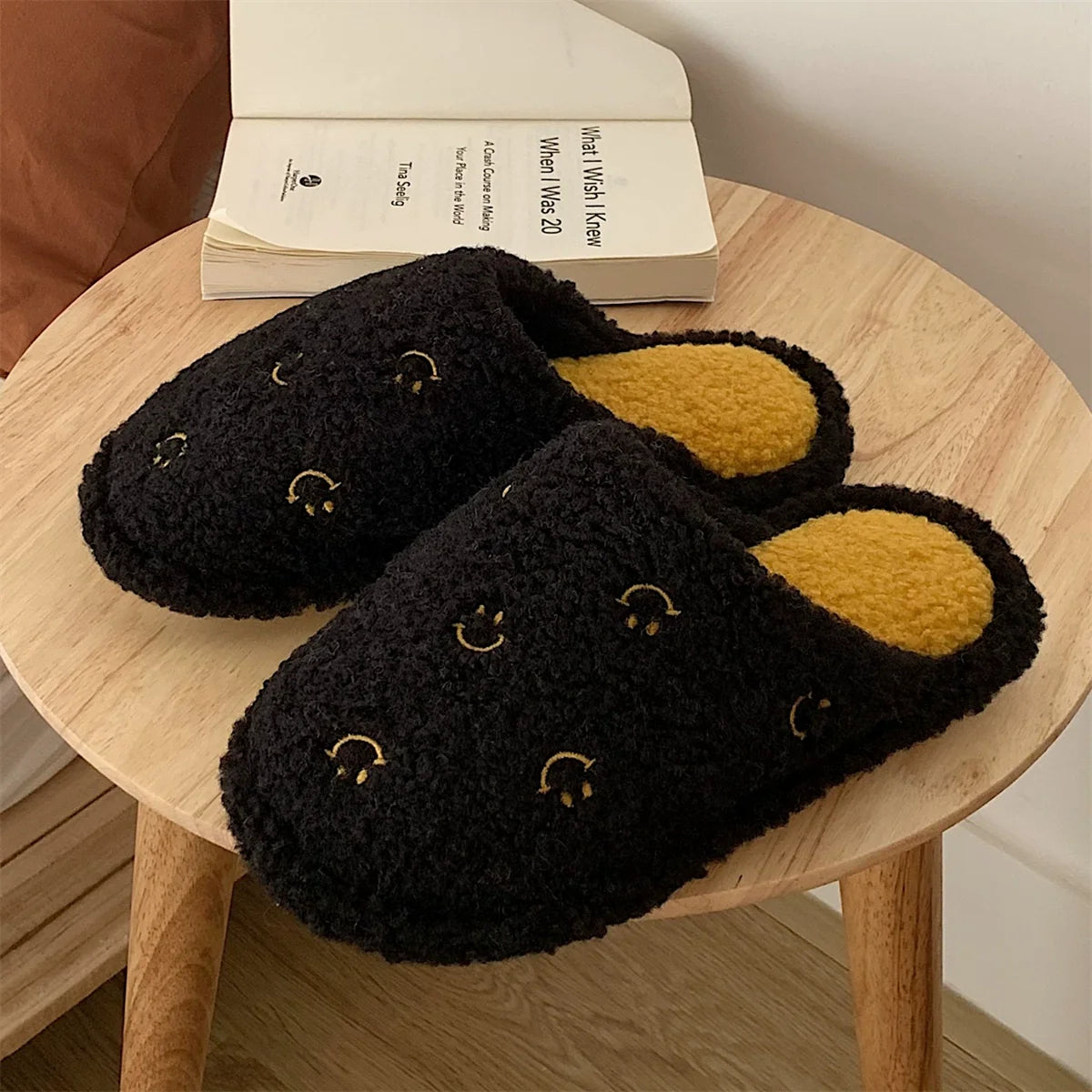 Happy Face Fuzzy Plush Slippers