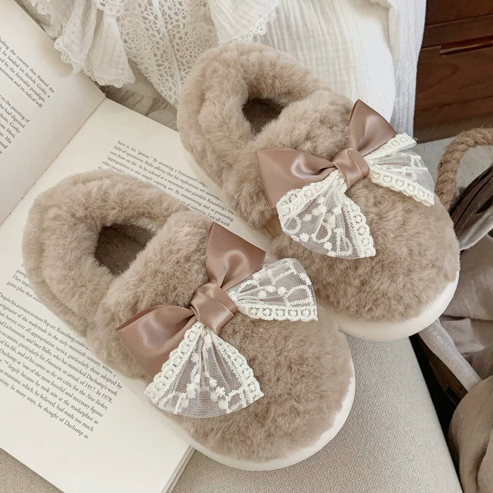 Sheer Lace Bow Plush Slippers