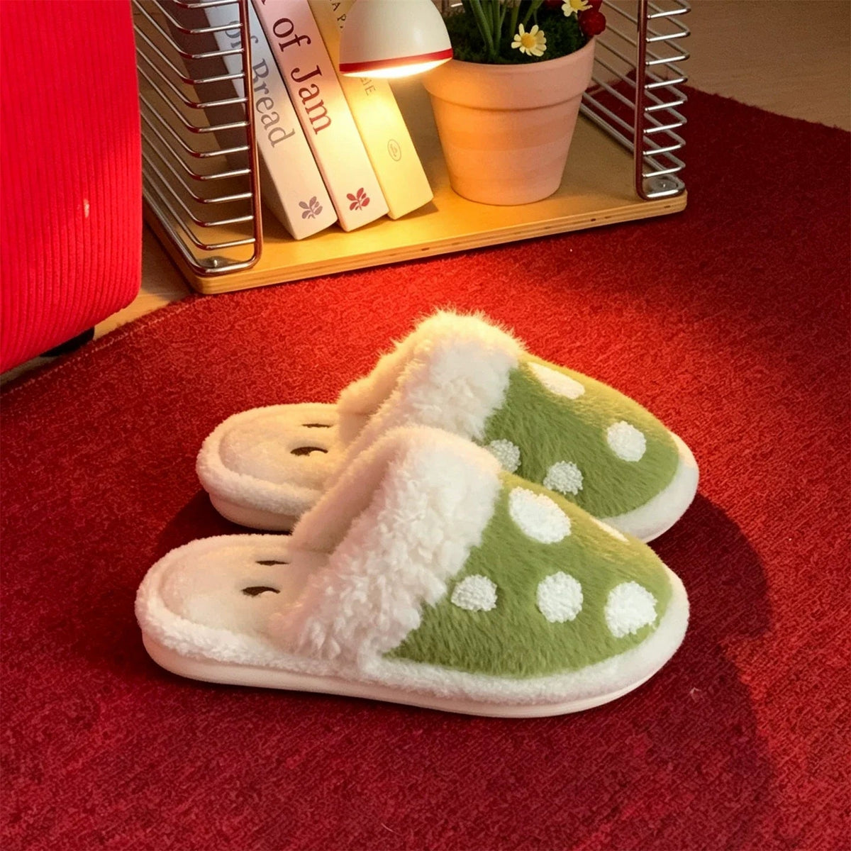 Polka Dot Mushroom Plush Slippers