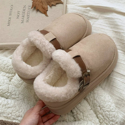 Buckle Strap Plush Clog Slippers