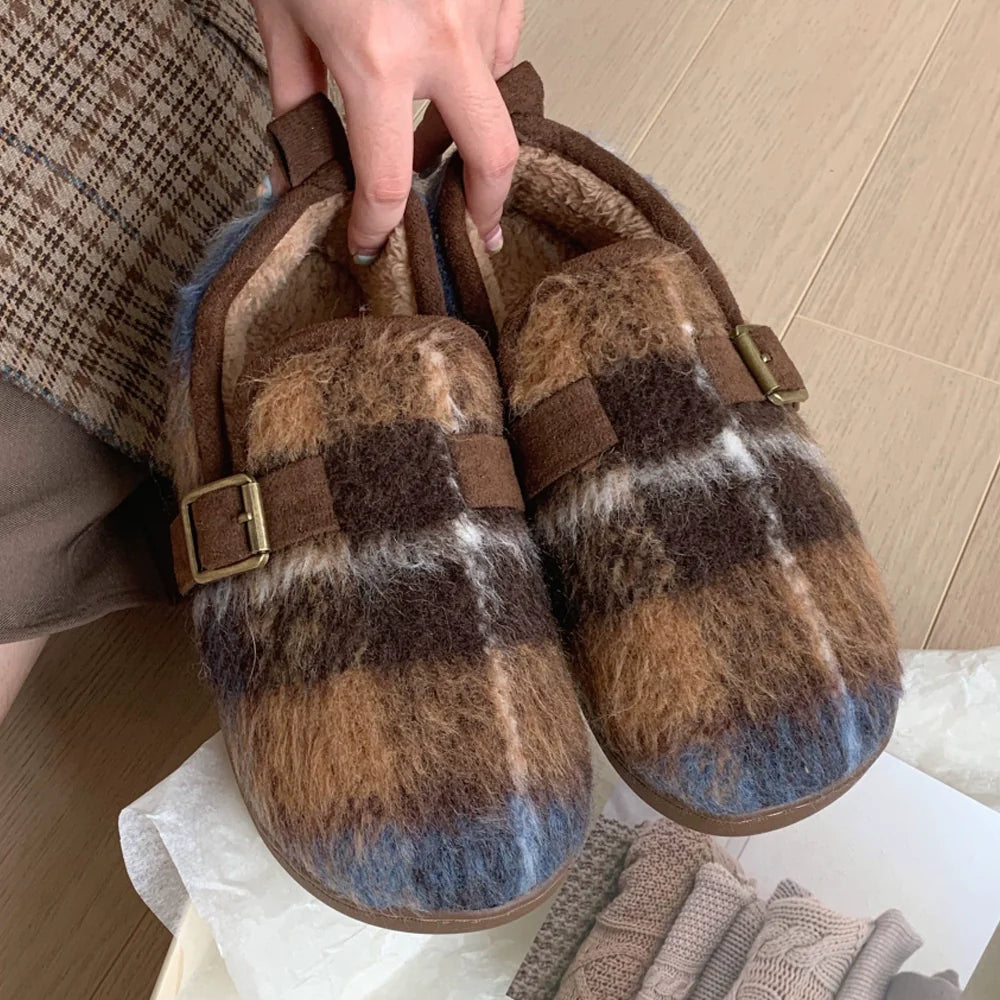 Fuzzy Plaid Buckle Clogs