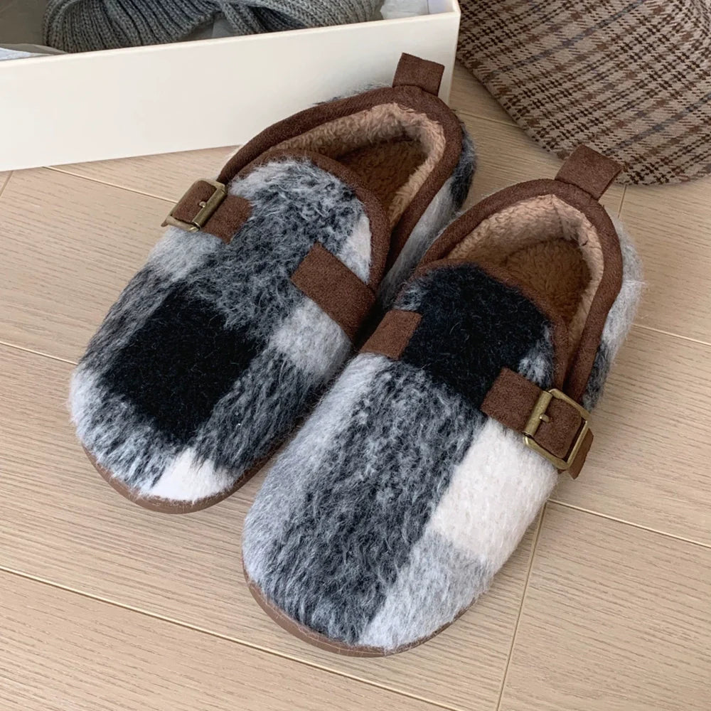 Fuzzy Plaid Buckle Clogs