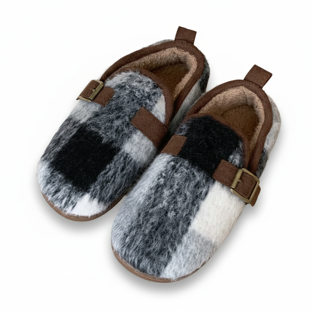 Fuzzy Plaid Buckle Clogs