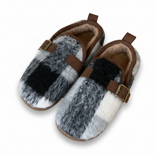 Fuzzy Plaid Buckle Clogs