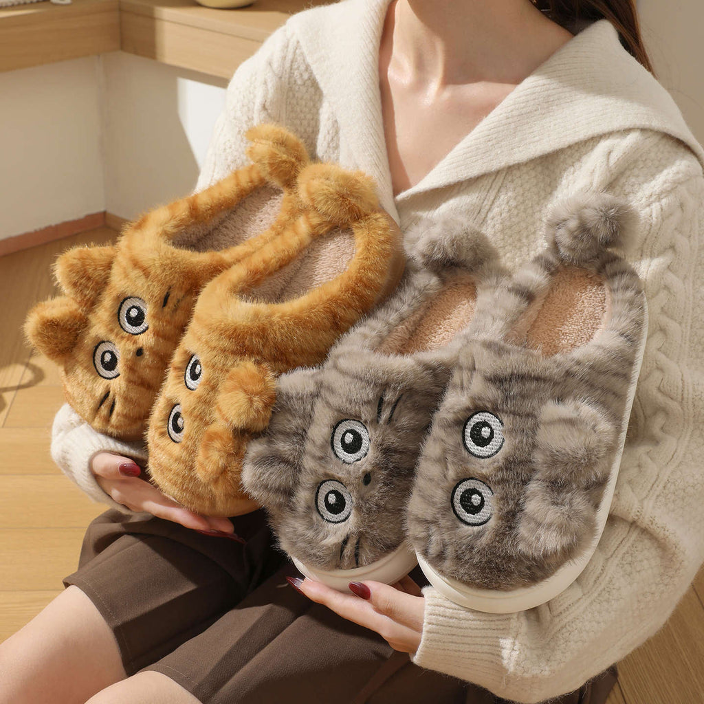Fuzzy Striped Kitty House Slippers
