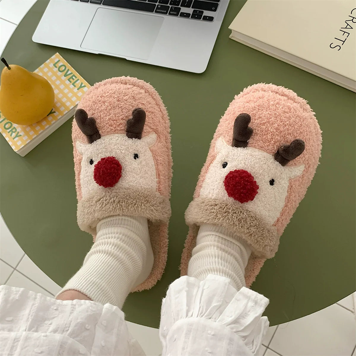 Reindeer Pom-Nose Cozy Slippers