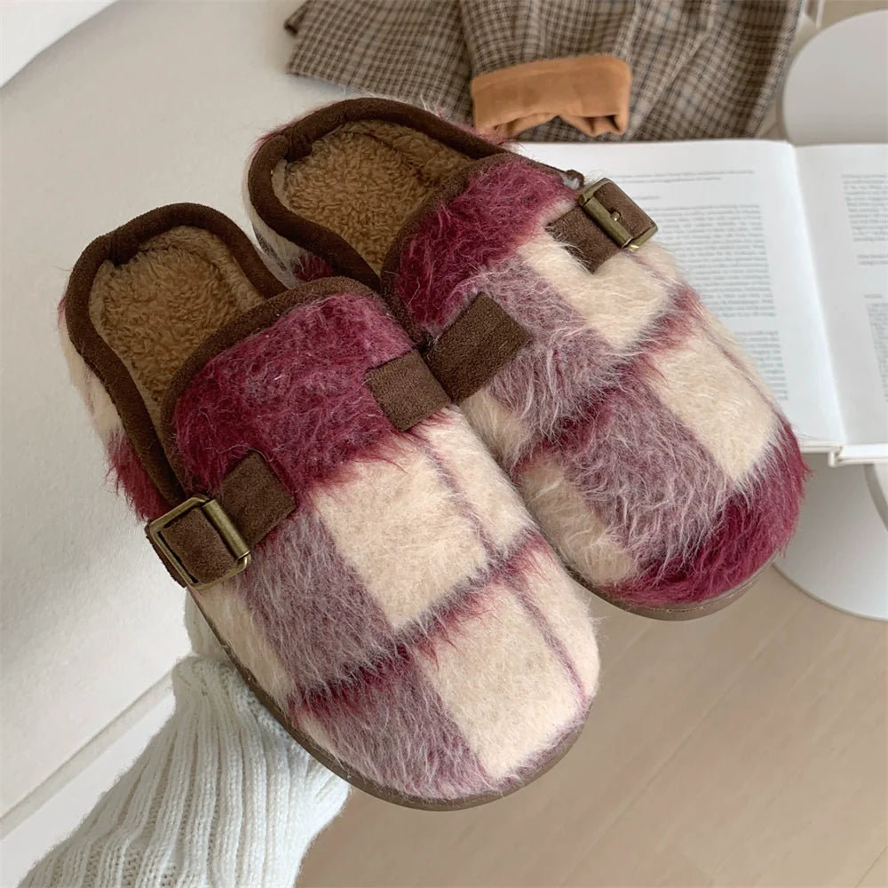 Fuzzy Plaid Buckle Clogs