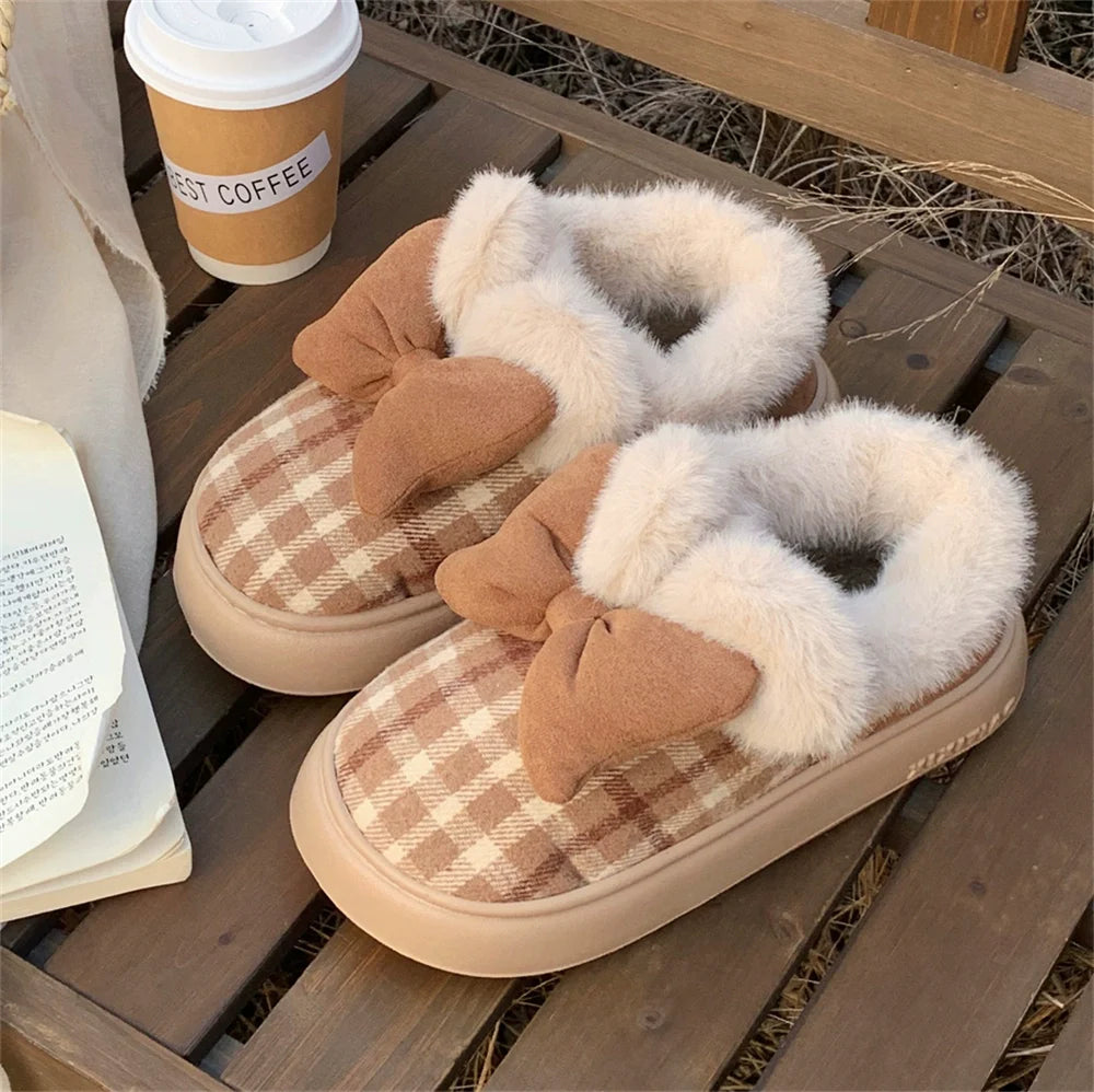 Plaid Bows Cozy Plush Slippers