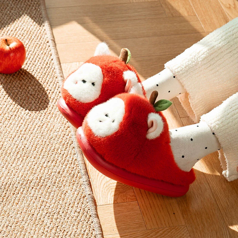Cartoon Apple Puppy Plush Slippers