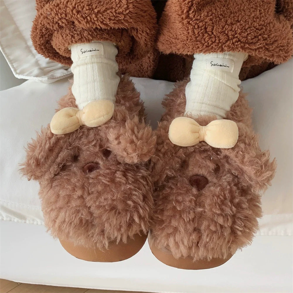 Plush Puppy Bow Home Slippers