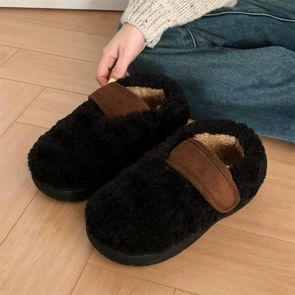 Fuzzy Two-Tone Strap Slippers