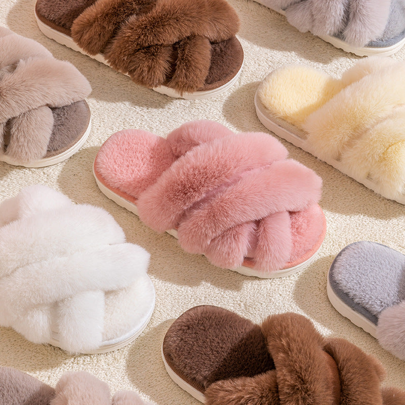 Plush Crisscross Open-Toe Slippers