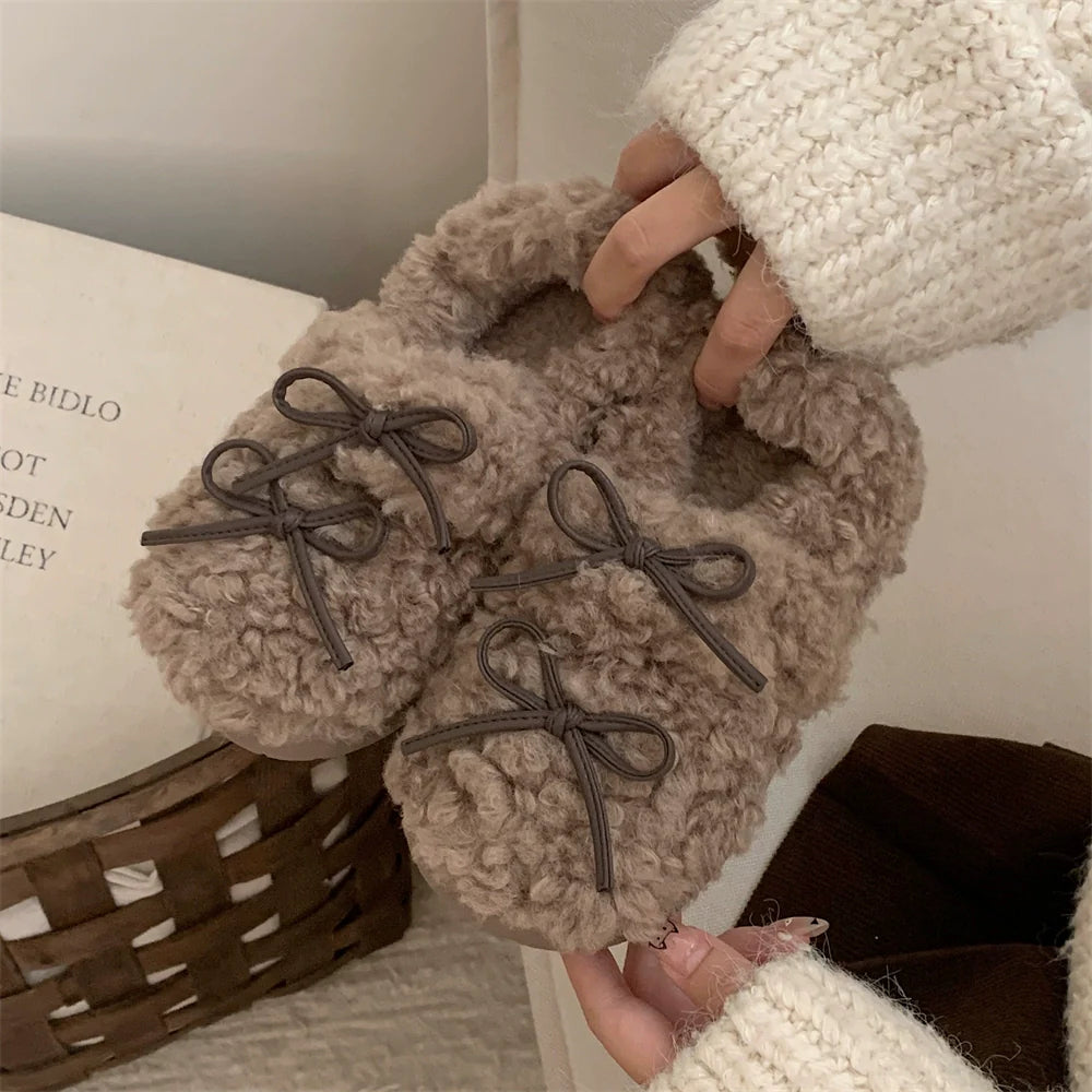 Bow-Tie Plush Platform Slippers