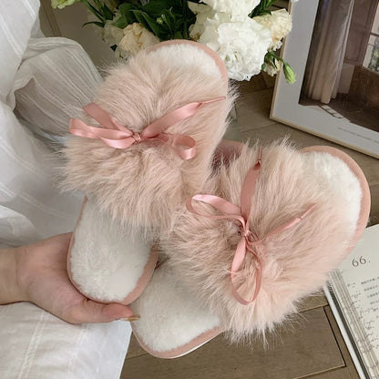 Ribbon Bow Fluffy House Slippers