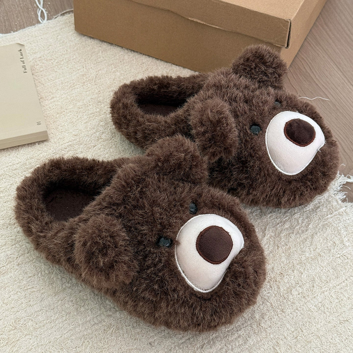Fuzzy Teddy Bear Face Slippers