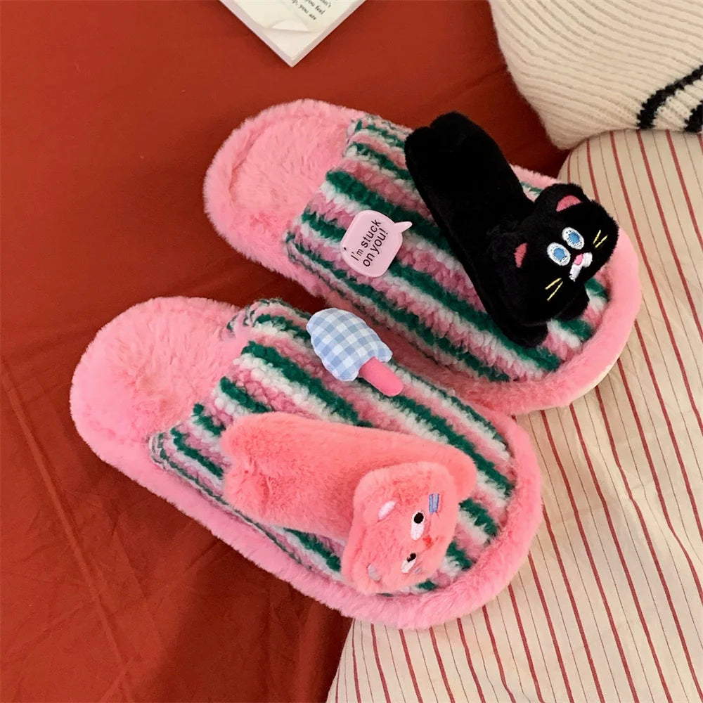 Striped Kitty Charm Home Slippers
