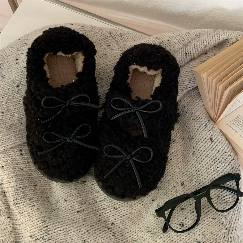 Bow-Tie Plush Platform Slippers
