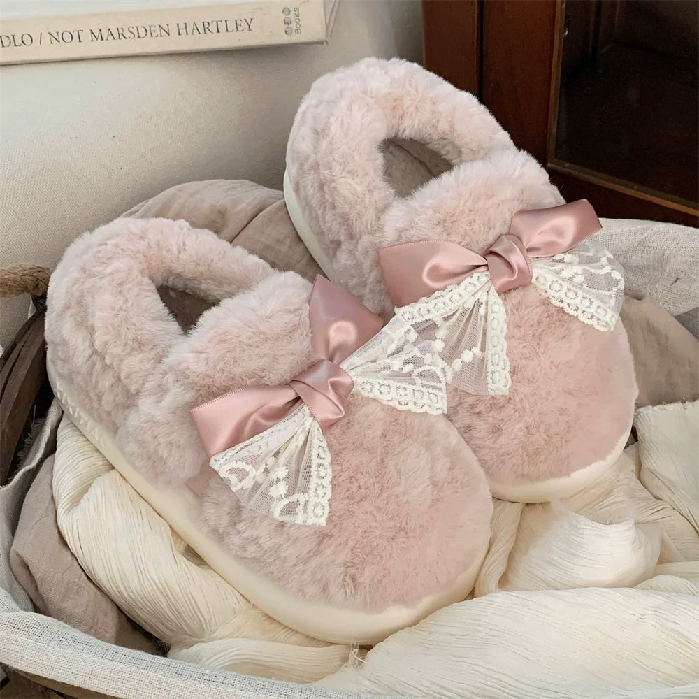 Sheer Lace Bow Plush Slippers