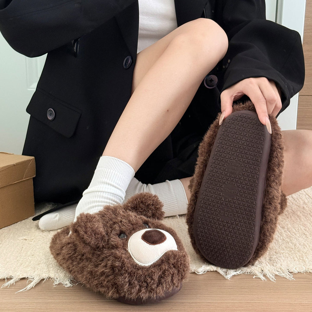 Fuzzy Teddy Bear Face Slippers