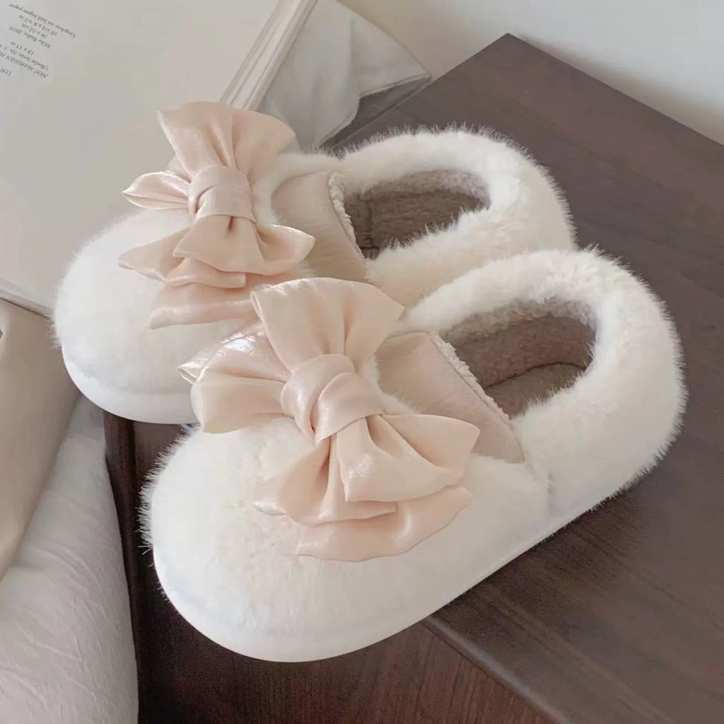 Oversized Bow Plush Home Slippers