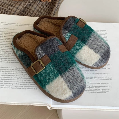 Fuzzy Plaid Buckle Clogs