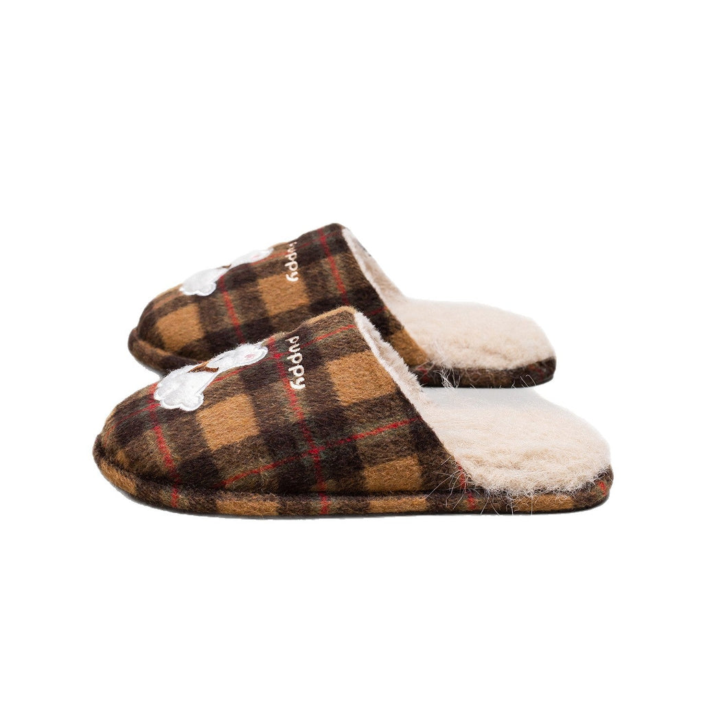 Plaid Puppy Embroidered Warm Slippers