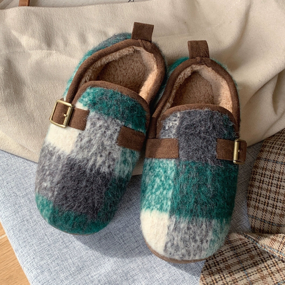 Fuzzy Plaid Buckle Clogs