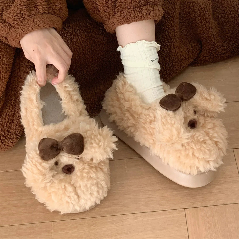 Plush Puppy Bow Home Slippers