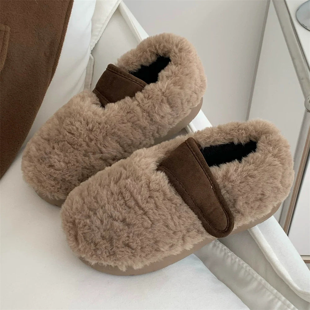 Fuzzy Two-Tone Strap Slippers