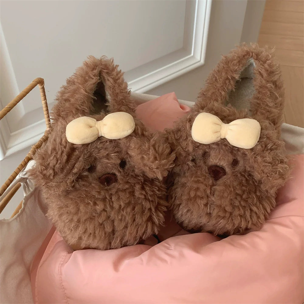 Plush Puppy Bow Home Slippers