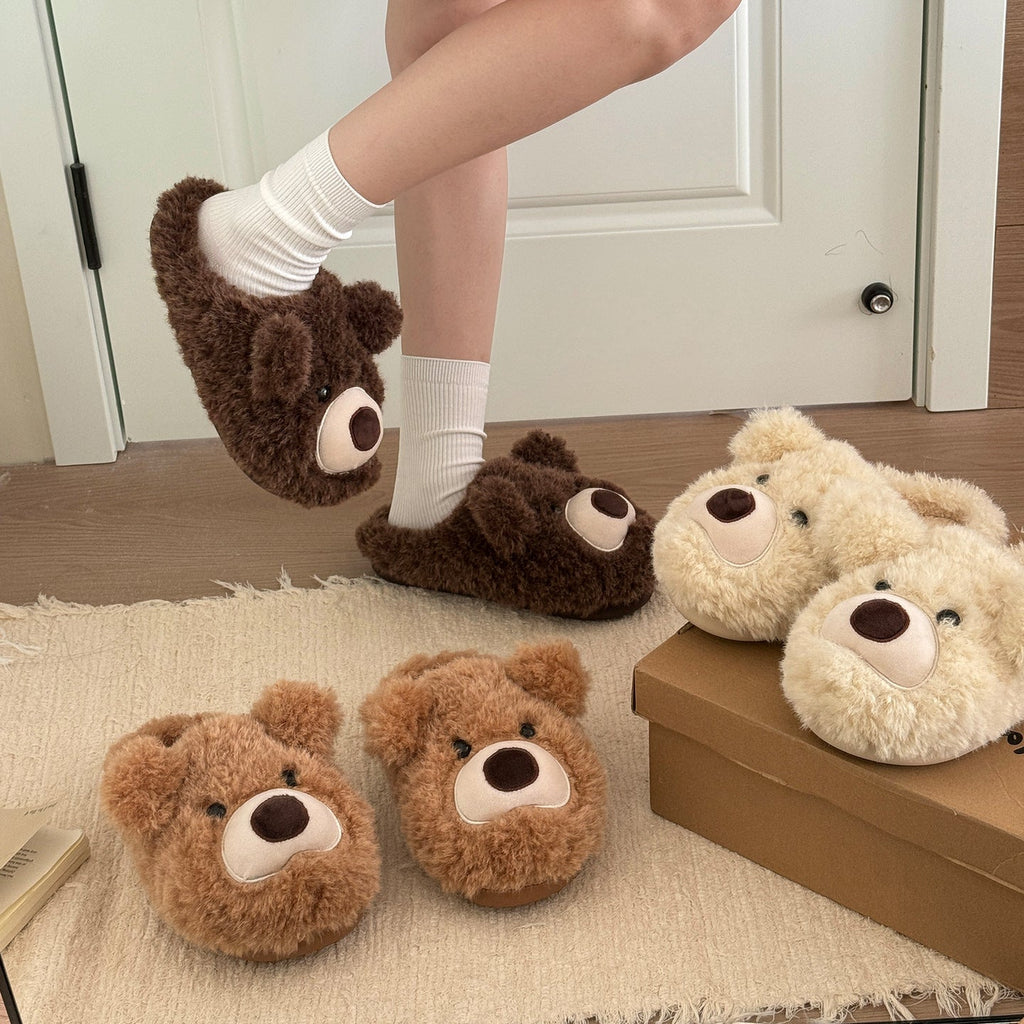 Fuzzy Teddy Bear Face Slippers