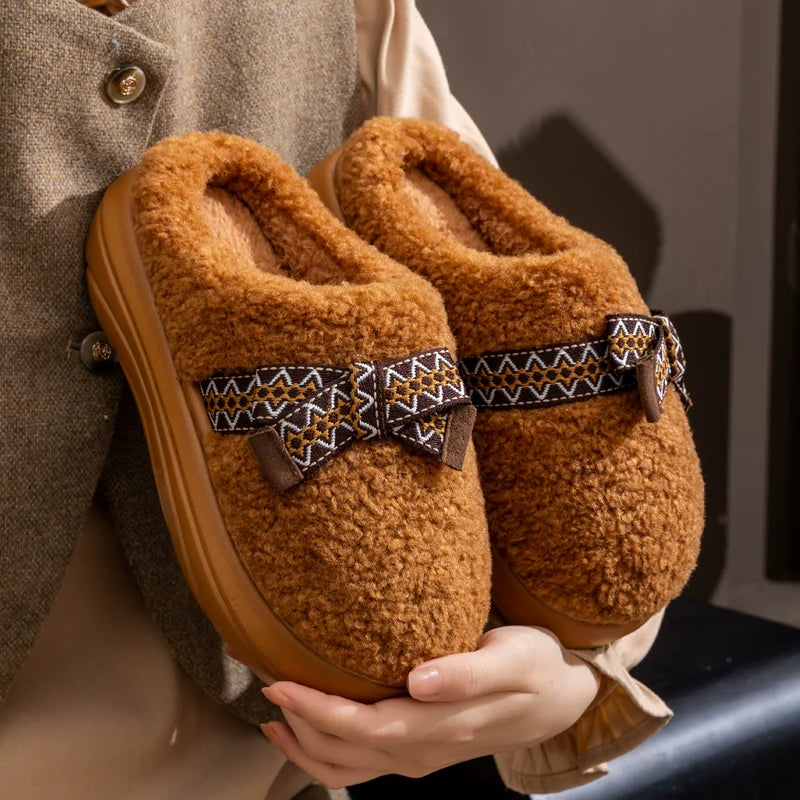 Chunky Platform Bow Teddy Slippers