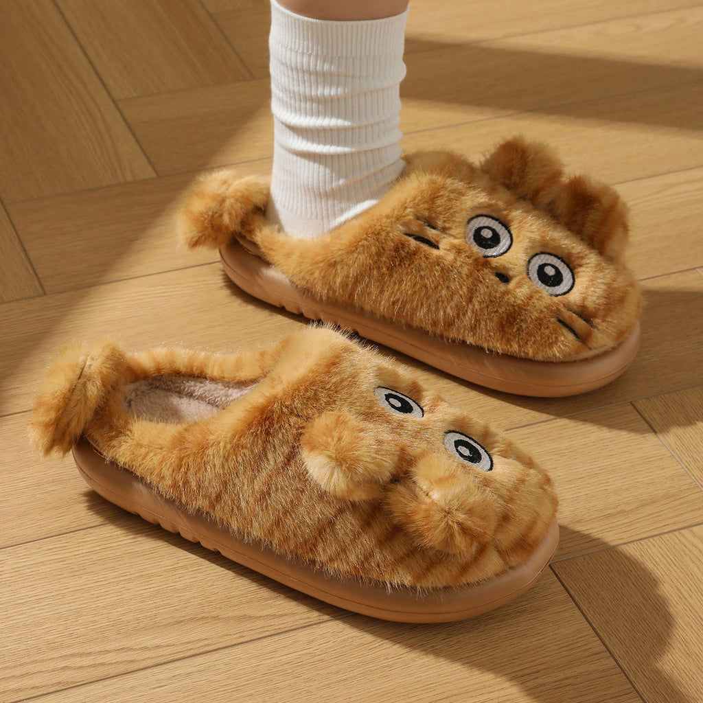 Fuzzy Striped Kitty House Slippers
