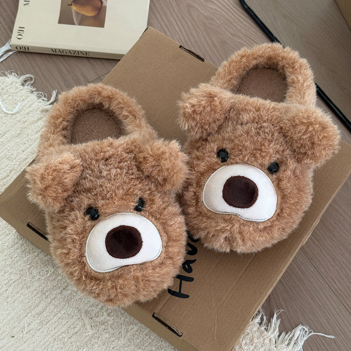 Fuzzy Teddy Bear Face Slippers
