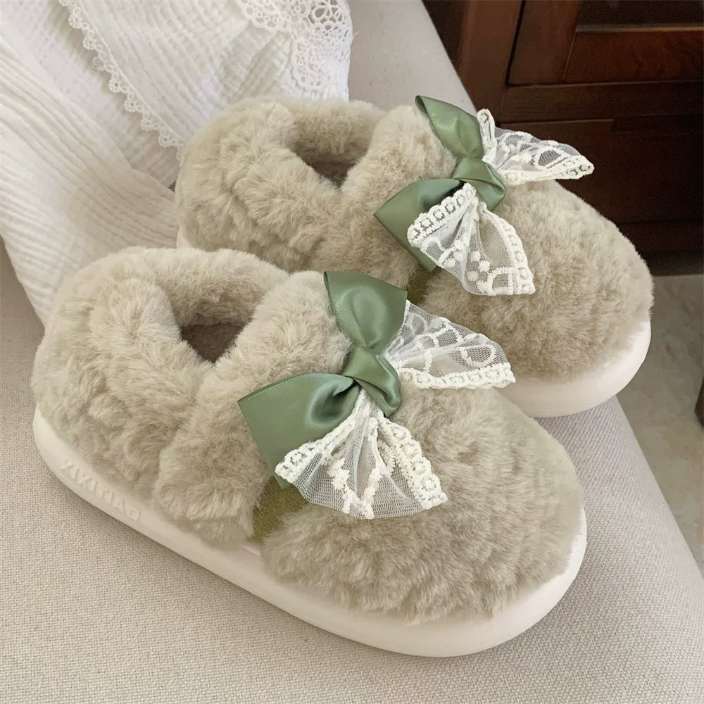 Sheer Lace Bow Plush Slippers