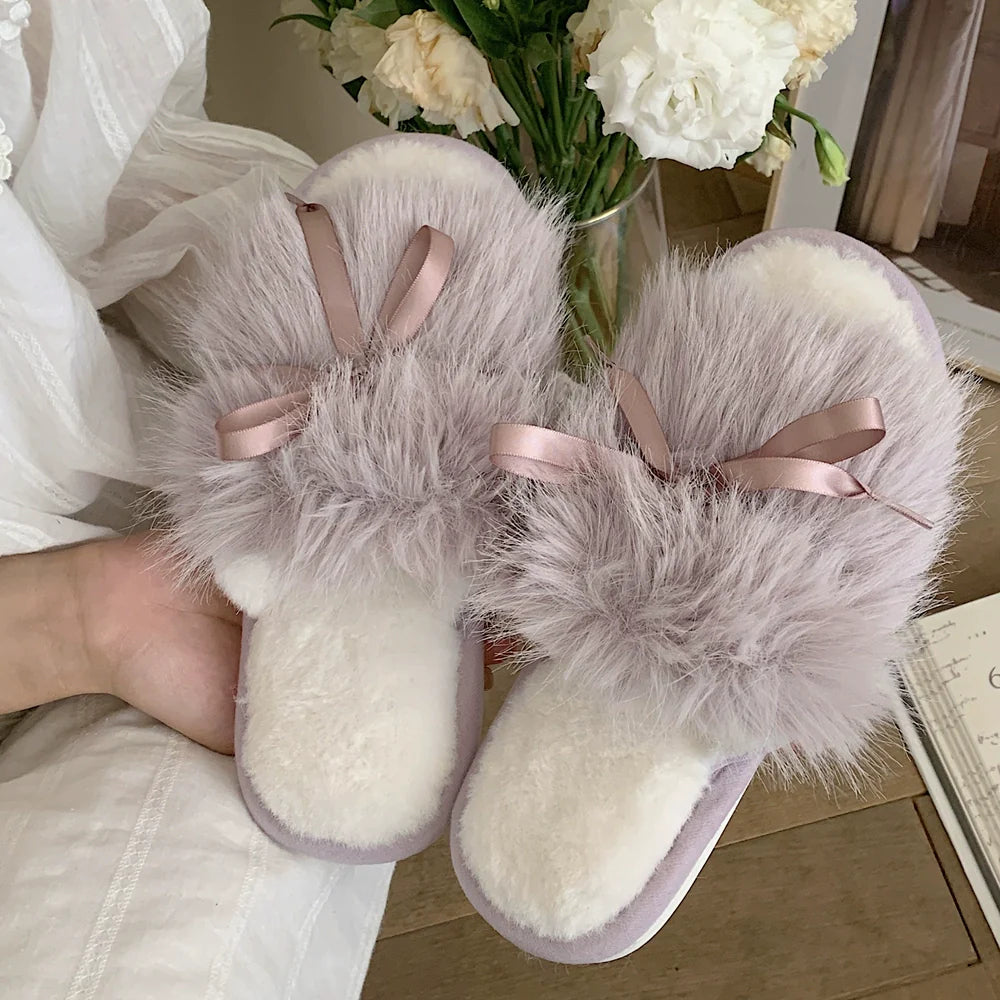 Ribbon Bow Fluffy House Slippers