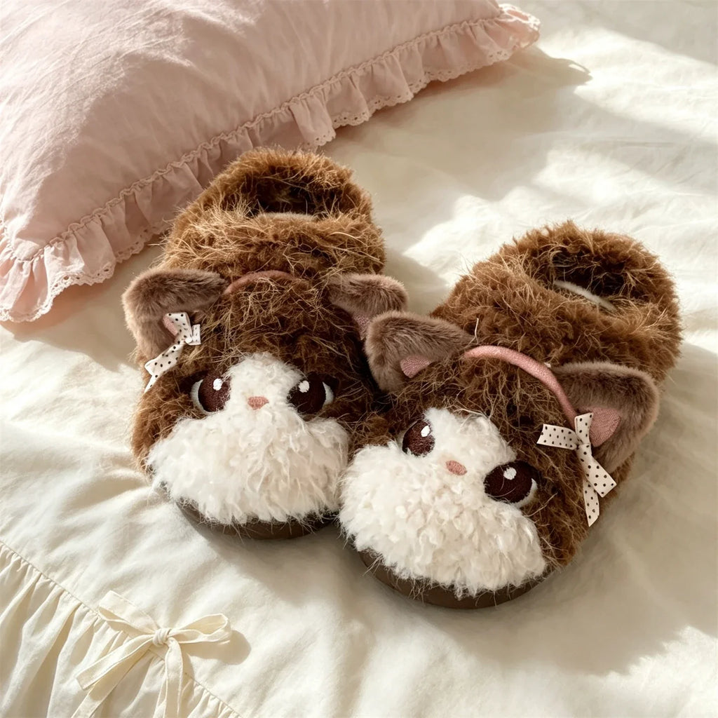 Bowknot Kitty Face Plush Slippers