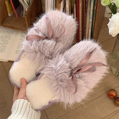 Ribbon Bow Fluffy House Slippers