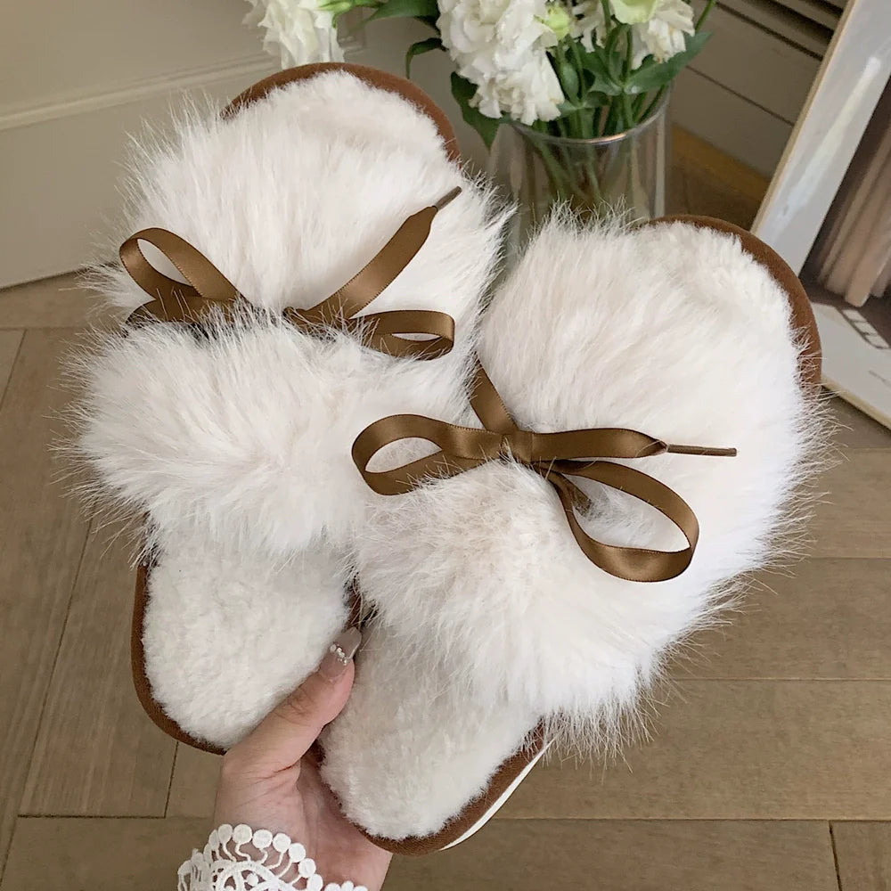 Ribbon Bow Fluffy House Slippers