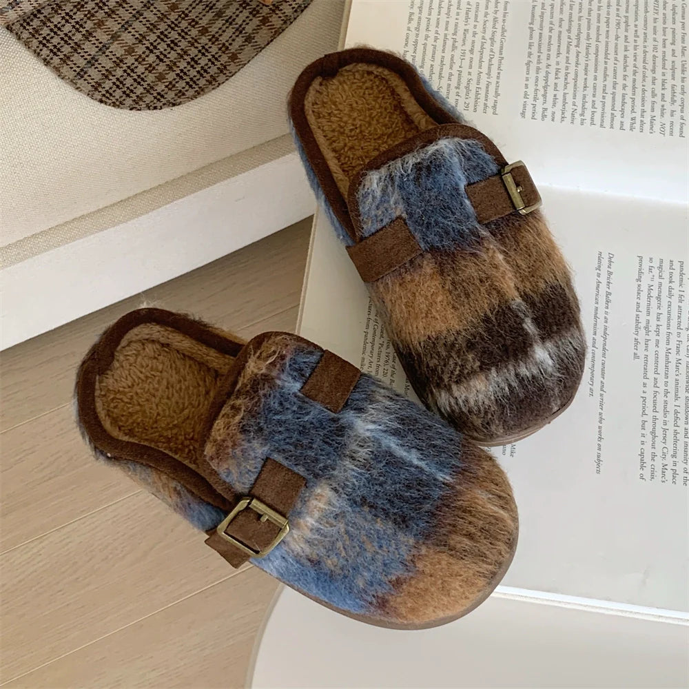 Fuzzy Plaid Buckle Clogs