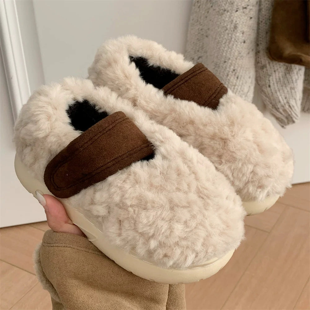 Fuzzy Two-Tone Strap Slippers