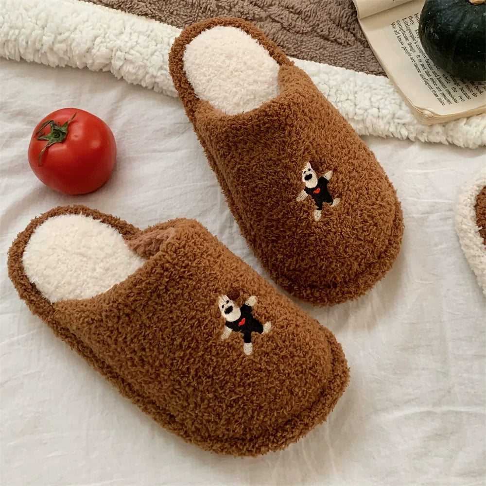 Whimsical Puppy Embroidered Fuzzy Slippers