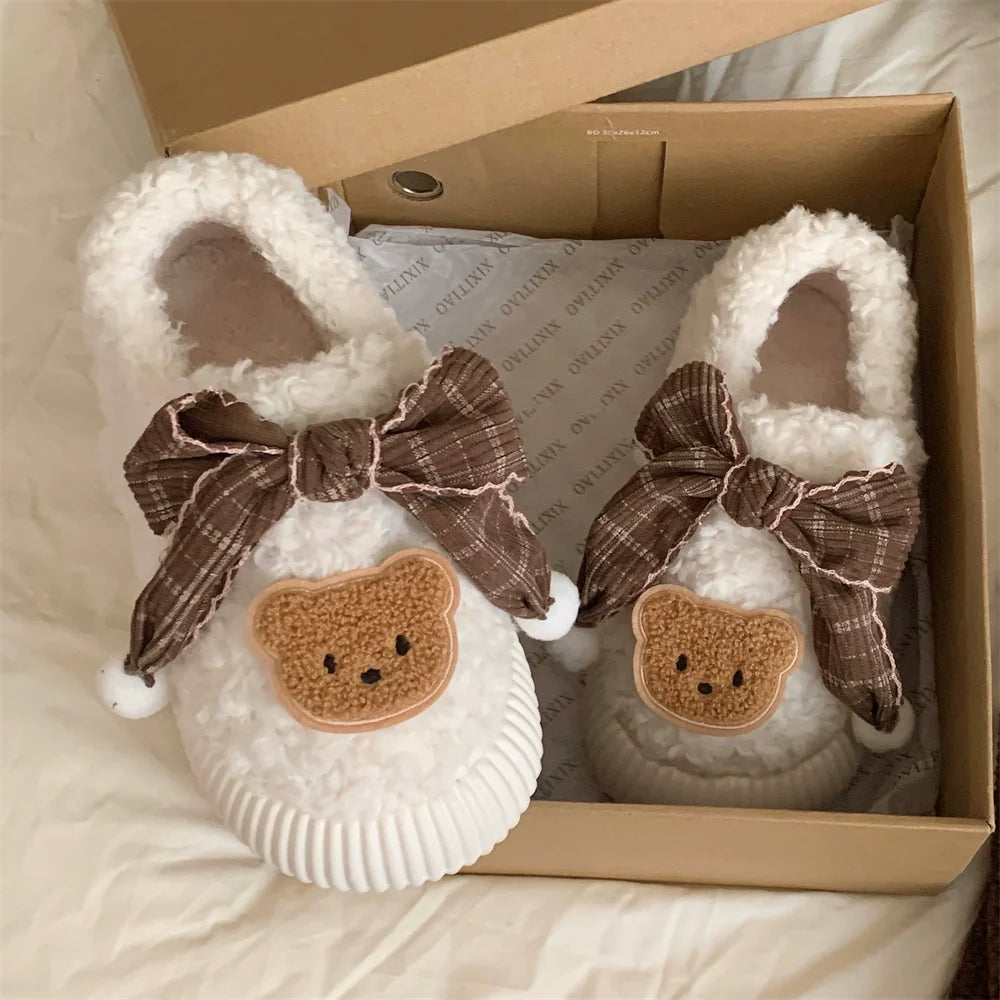 Teddy Bow Sherpa House Slippers