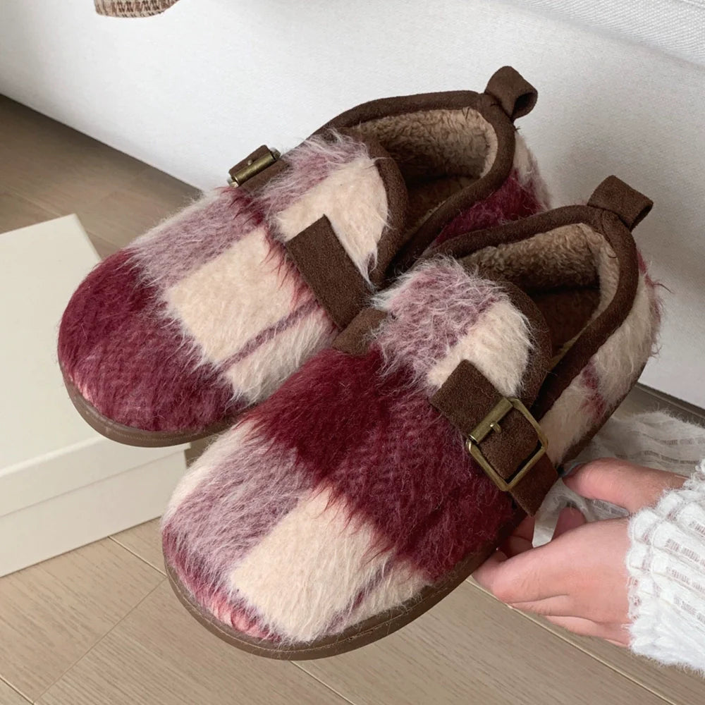 Fuzzy Plaid Buckle Clogs